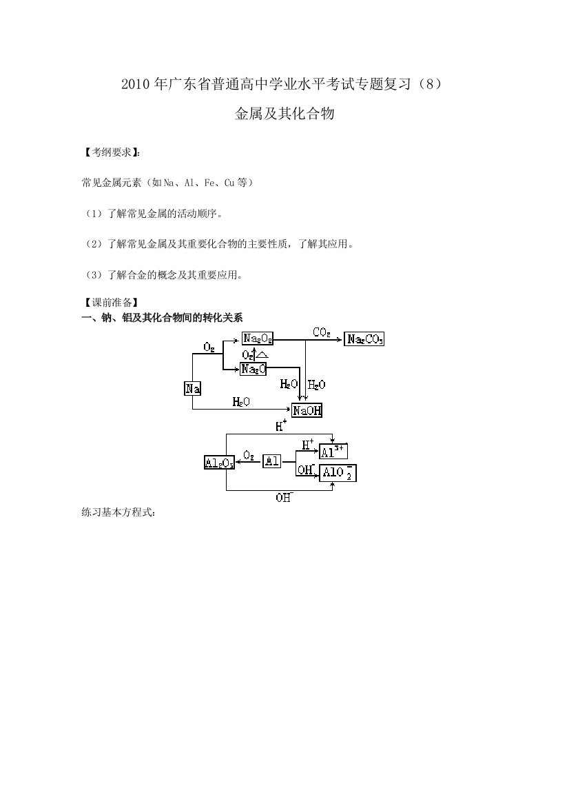 广东省2010年高中化学学业水平复习（8）金属及其化合物