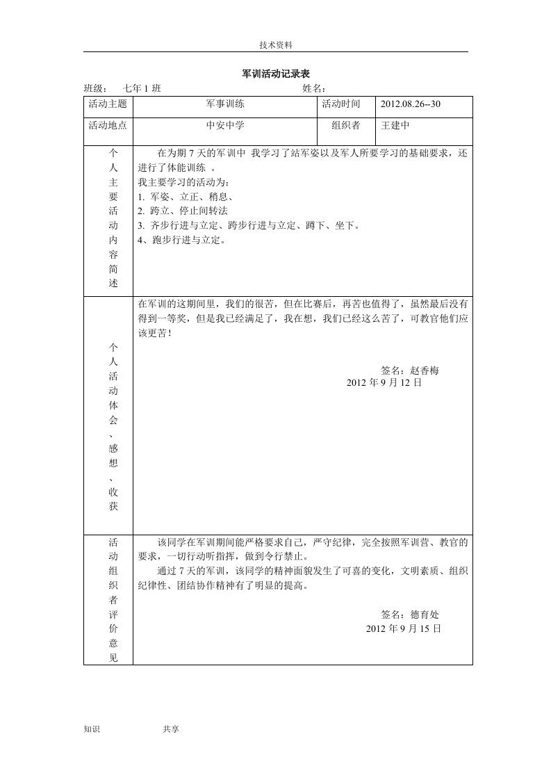 社会实践活动记录表(军训)