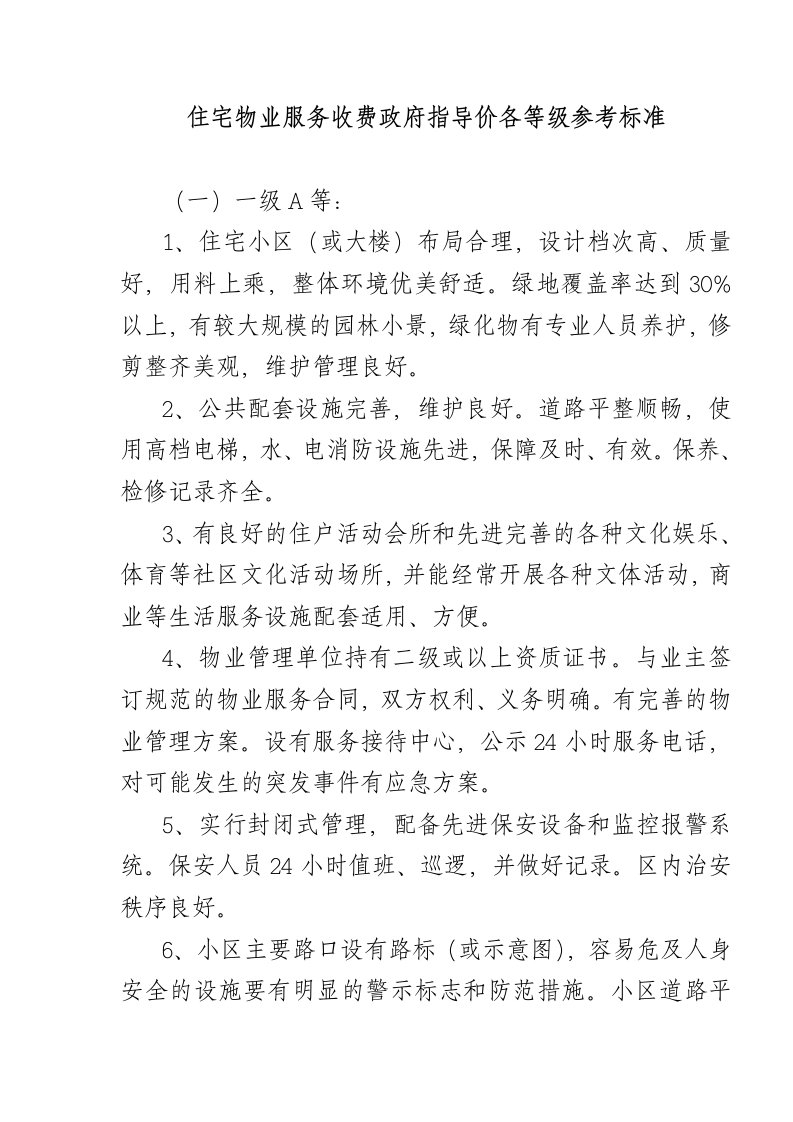 住宅物业服务收费政府指导价等级参考标准