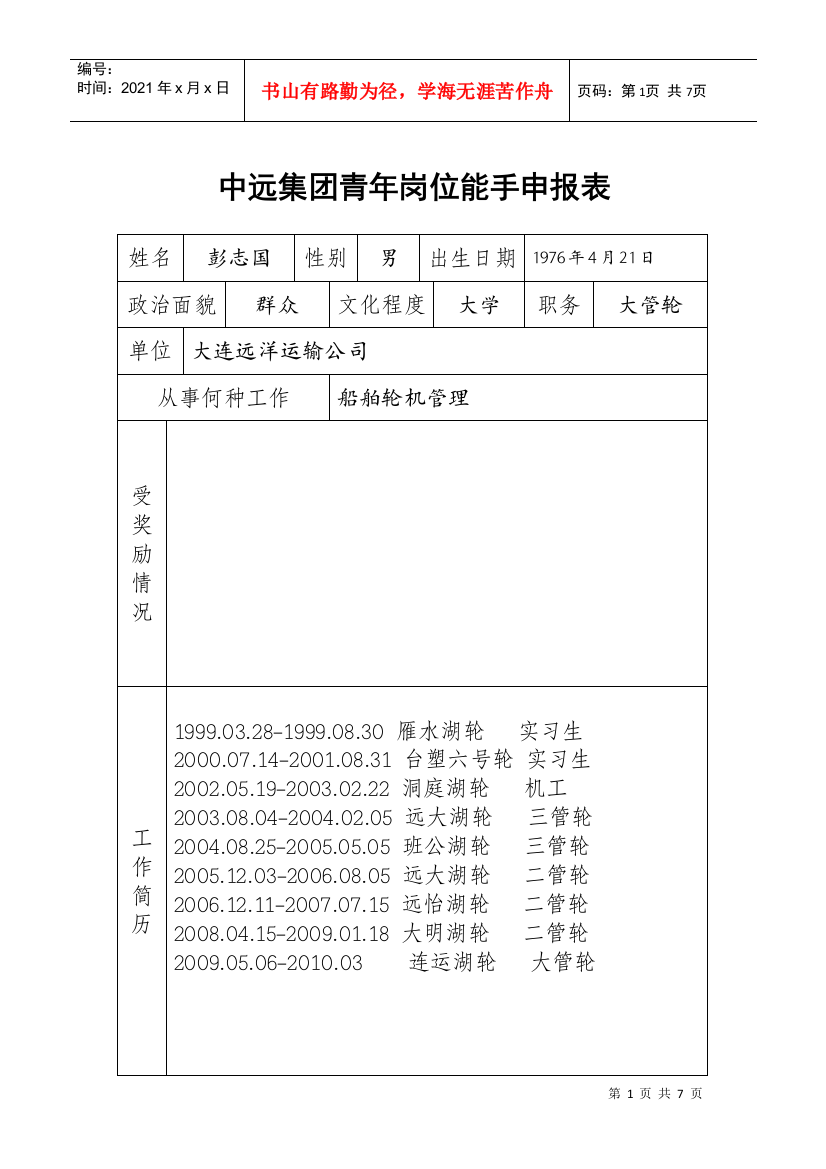 中远集团青年岗位能手申报表（彭志国）doc-中远集团青年