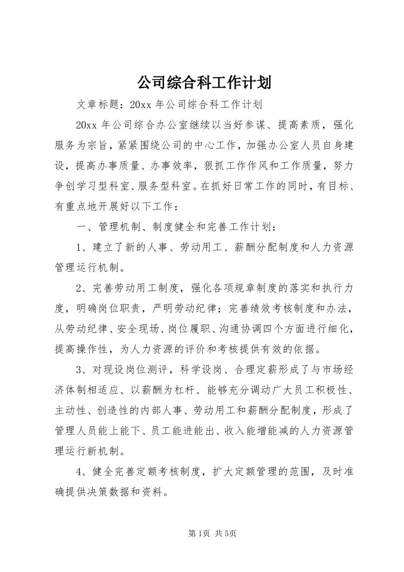 公司综合科工作计划