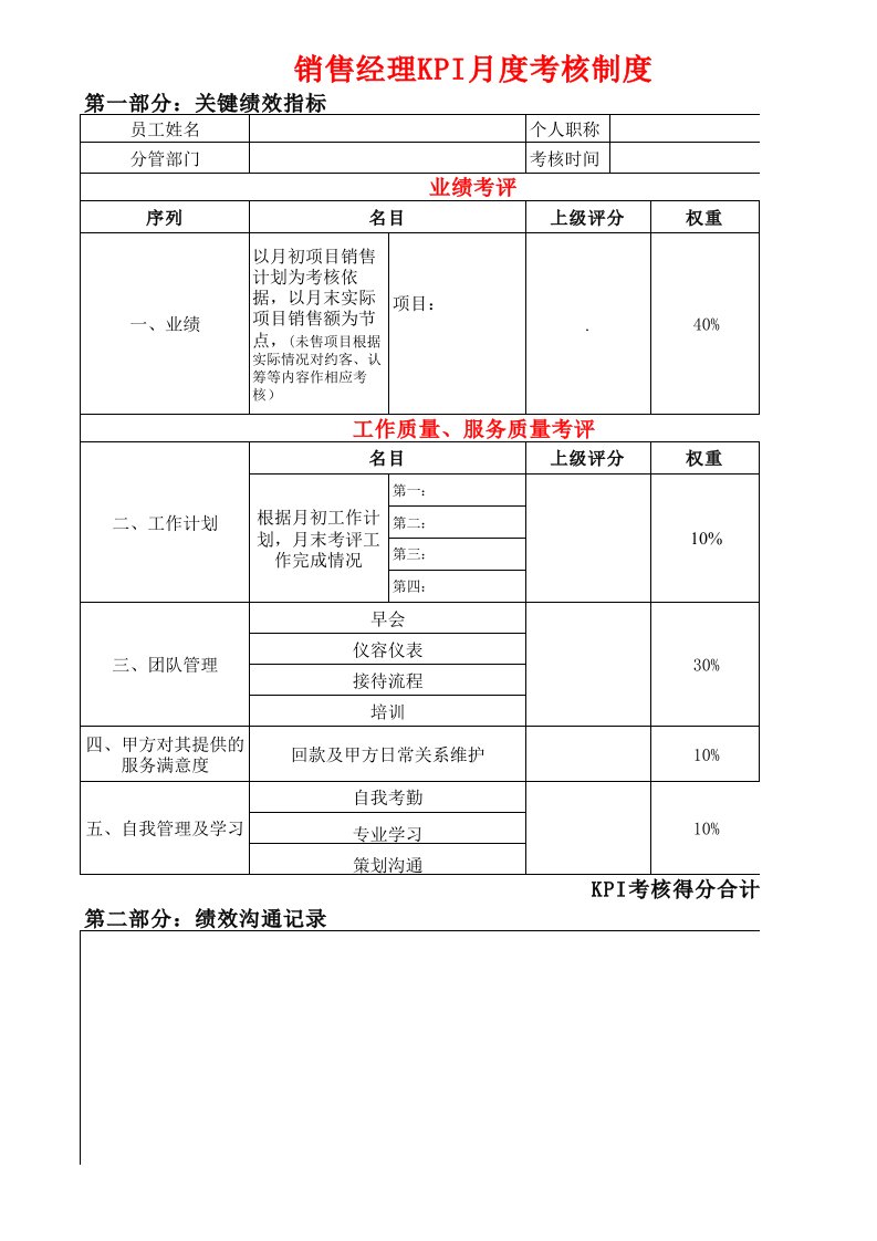 销售部KPI月度绩效考核表