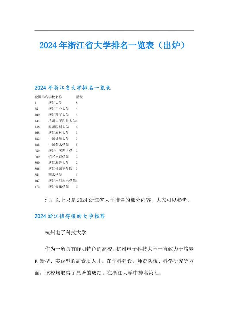 2024年浙江省大学排名一览表（出炉）