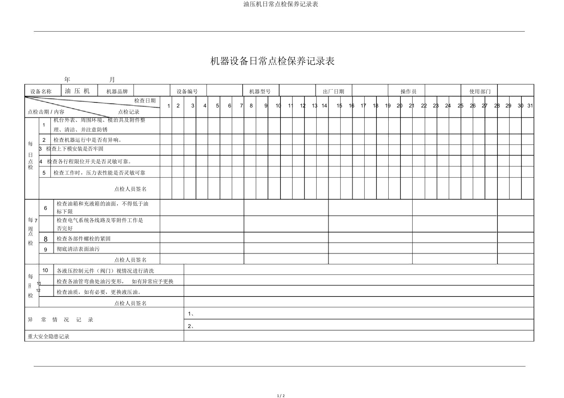 油压机日常点检保养记录表