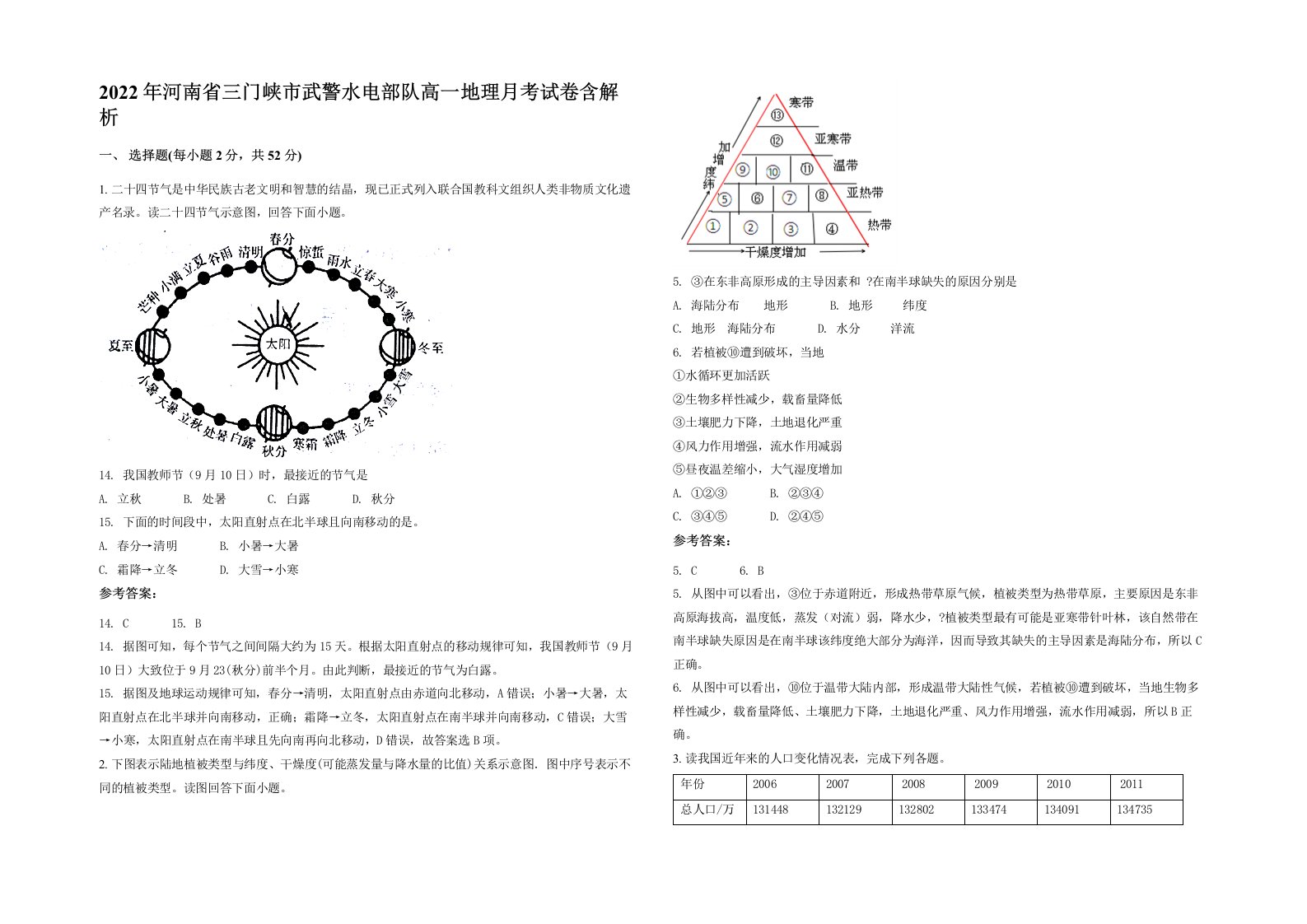 2022年河南省三门峡市武警水电部队高一地理月考试卷含解析