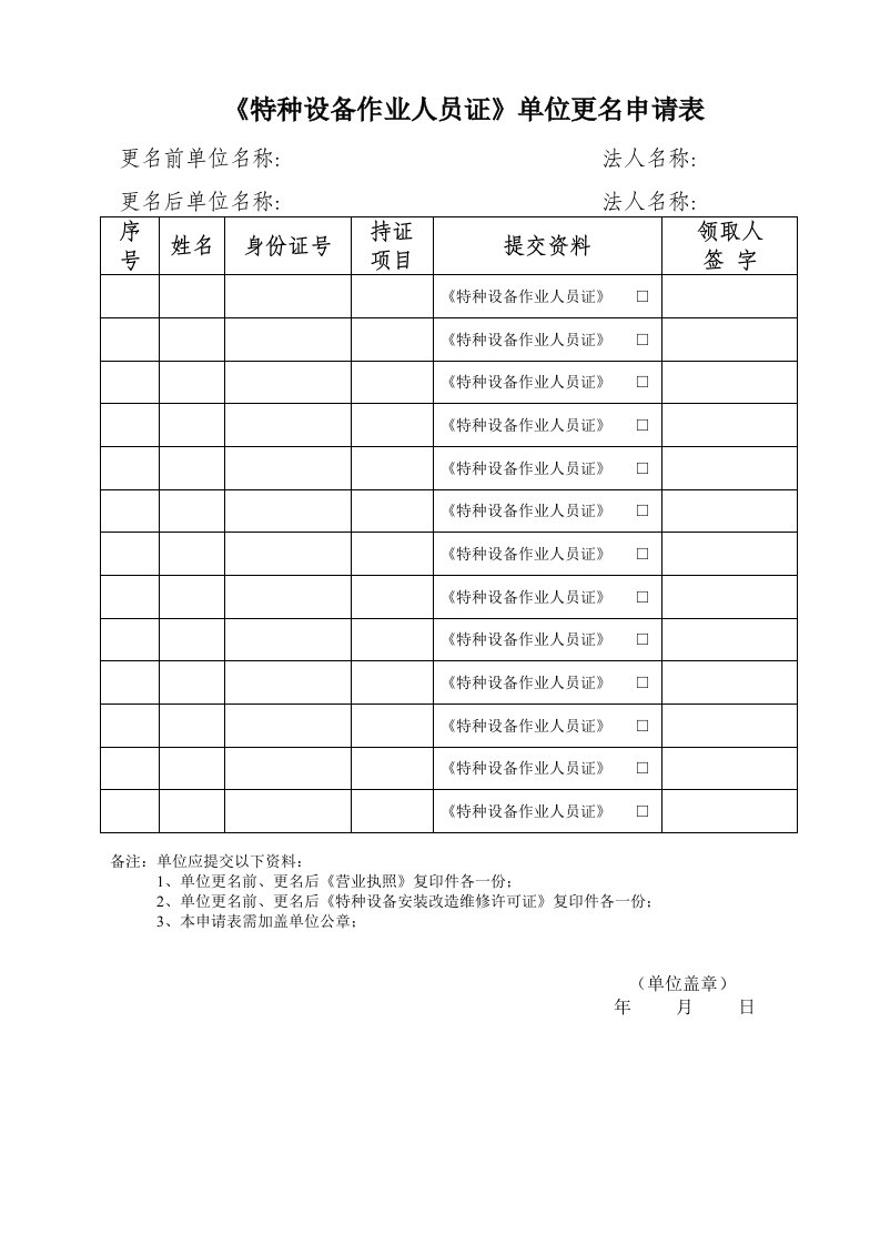 《特种设备作业人员证》单位更名申请表