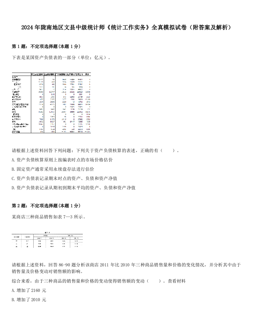 2024年陇南地区文县中级统计师《统计工作实务》全真模拟试卷（附答案及解析）