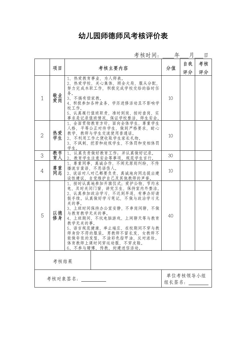 师德师风考核评定表格