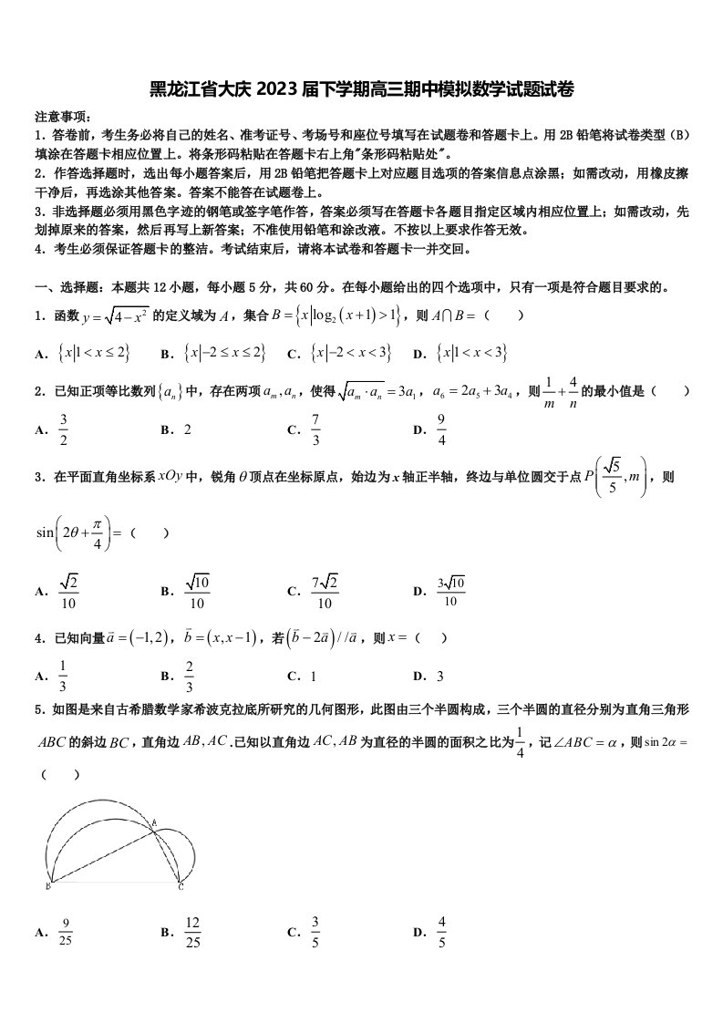 黑龙江省大庆2023届下学期高三期中模拟数学试题试卷