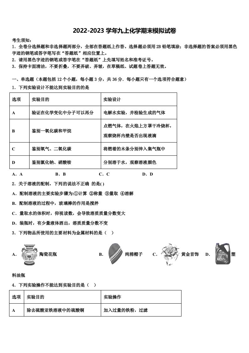 2022-2023学年山东省潍坊联考化学九年级第一学期期末考试模拟试题含解析