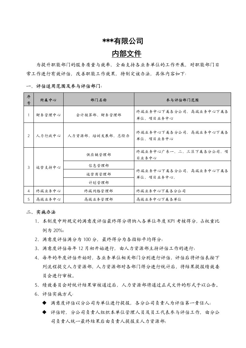 职能部门满意度评估实施办法