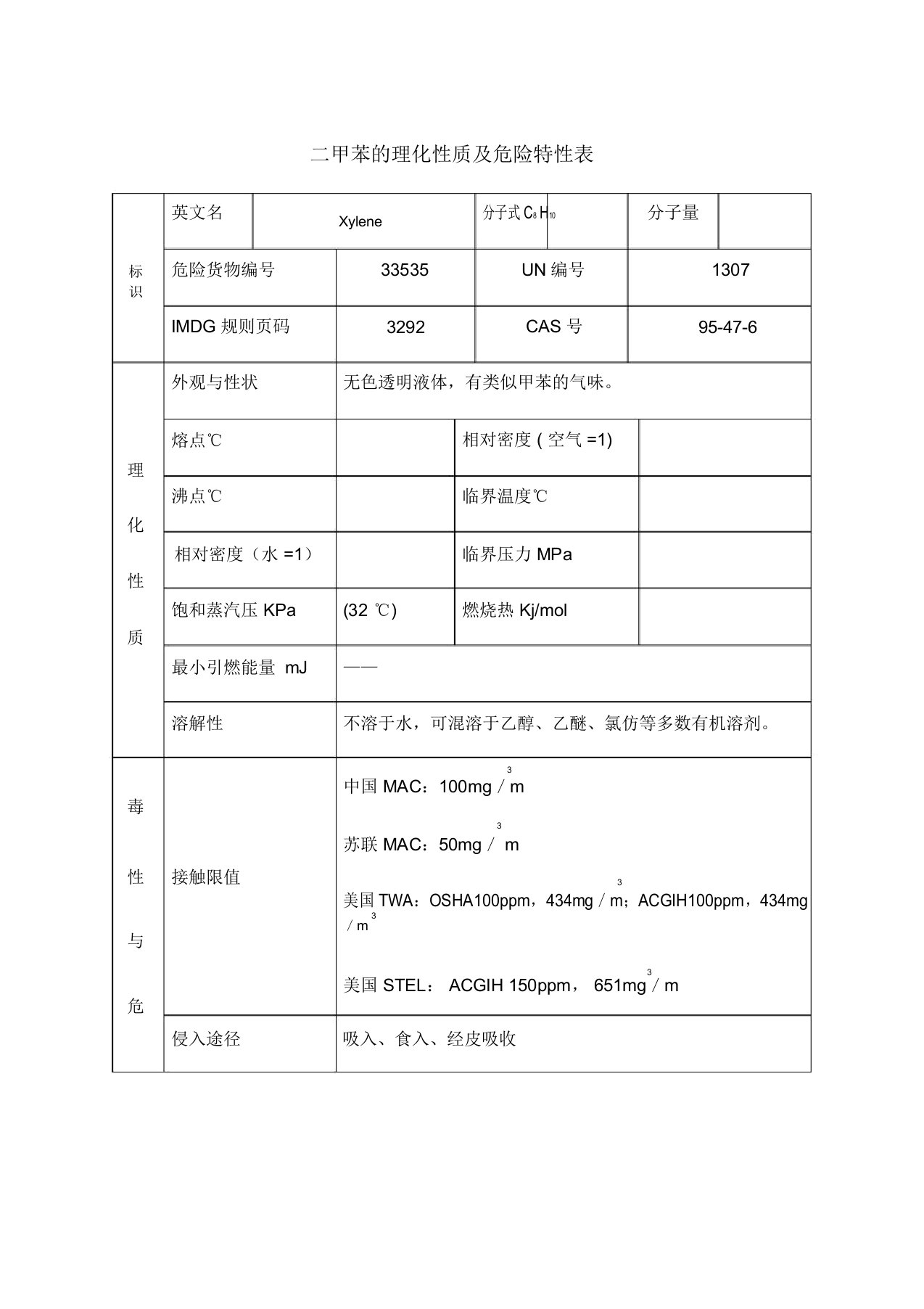 二甲苯的理化性质及危险特性表