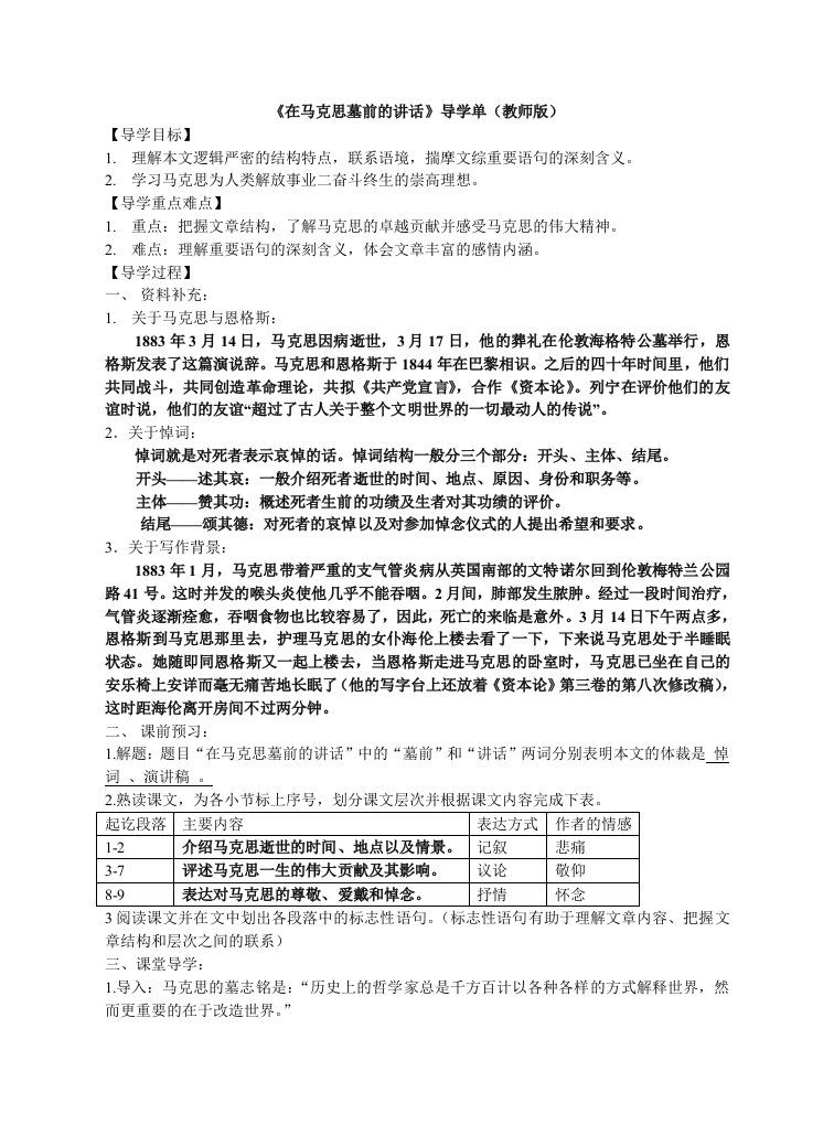 《在马克思墓前的讲话》导学单(教师版)