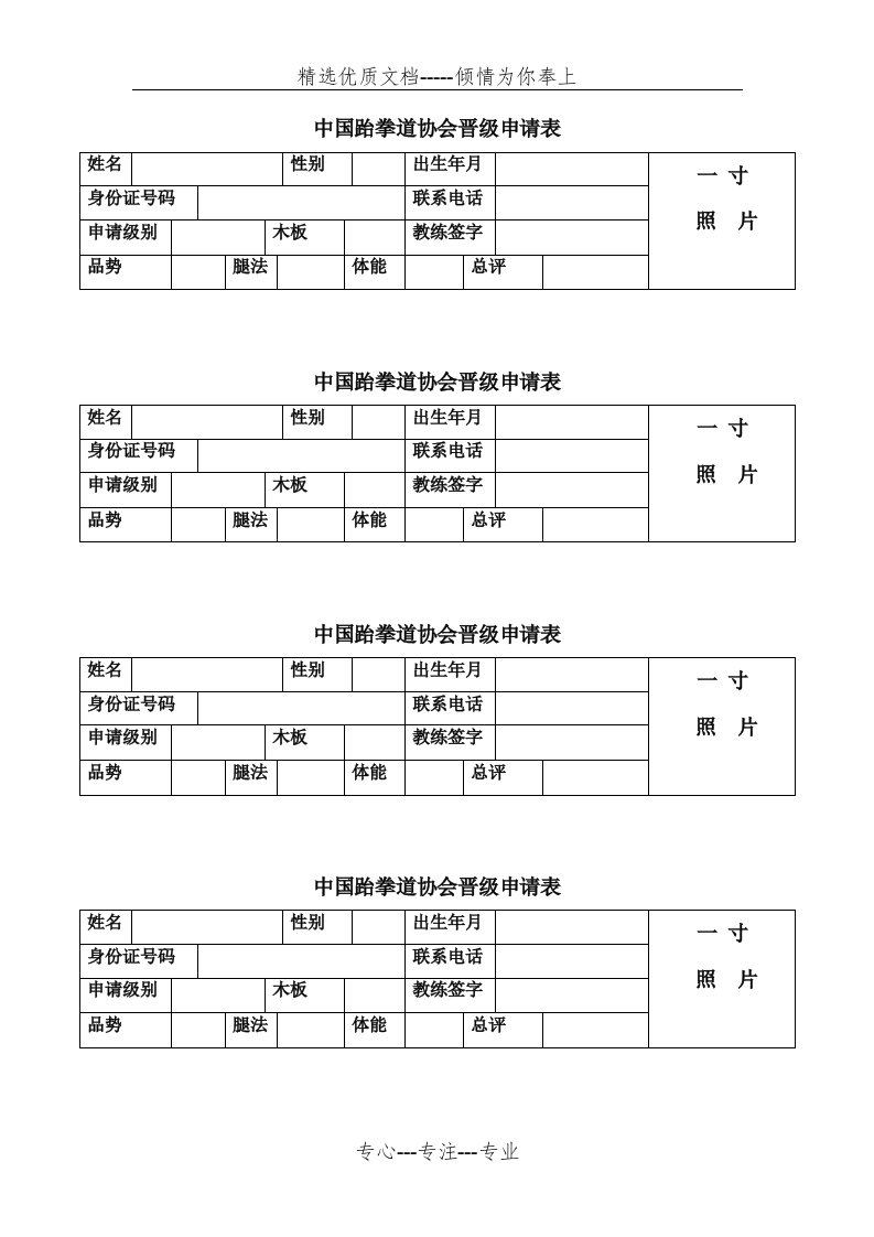 中国跆拳道考级申请表(共1页)