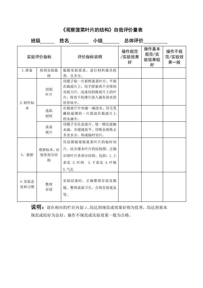 菠菜叶临时切片、韭菜叶下表皮临时装片实验评价标准