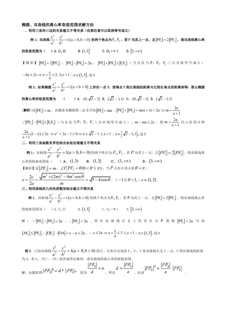 椭圆、双曲线的离心率取值范围求解方法