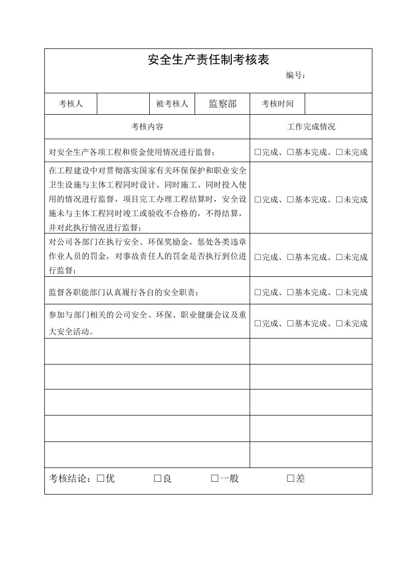 监察部安全生产责任制考核表参考模板范本