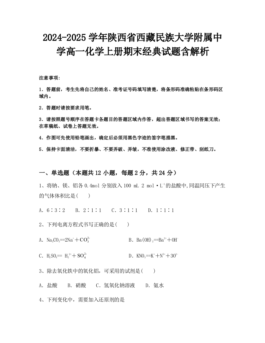 2024-2025学年陕西省西藏民族大学附属中学高一化学上册期末经典试题含解析