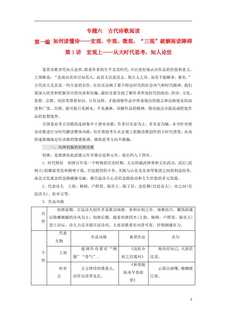 2019版高考语文复习专题六古代诗歌阅读第一编如何读懂诗