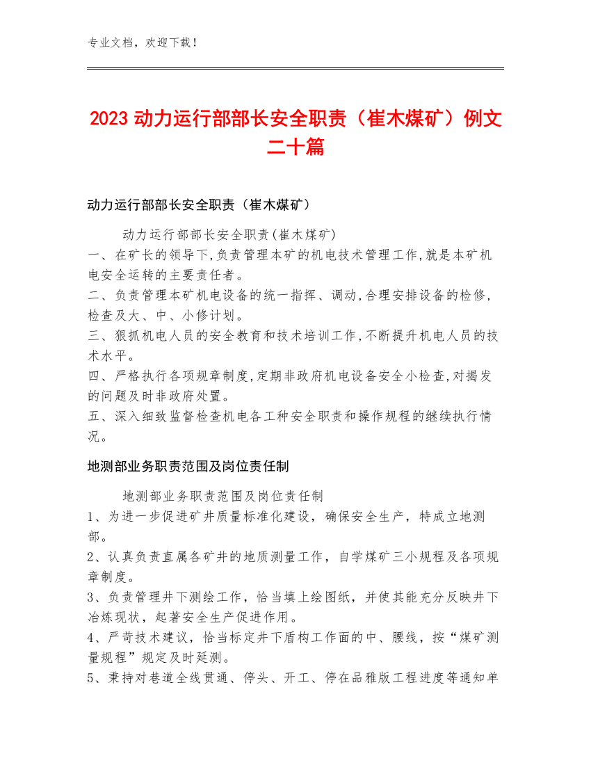 2023动力运行部部长安全职责（崔木煤矿）例文二十篇