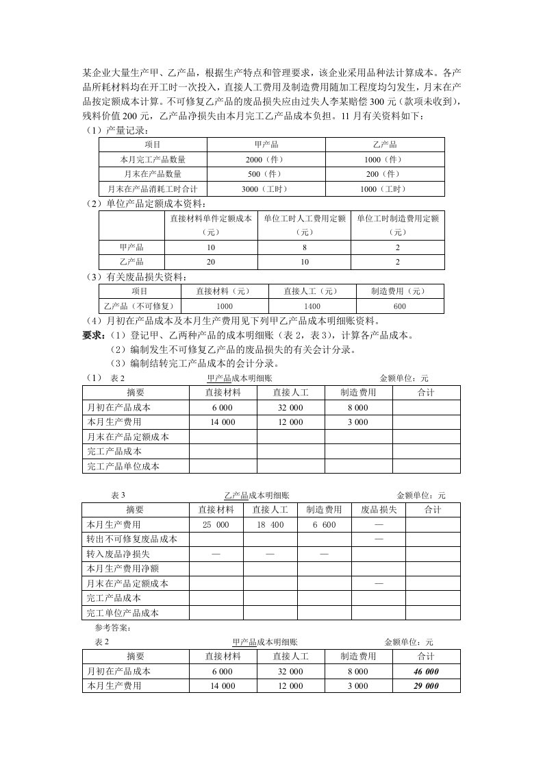 废品损失核算的例题