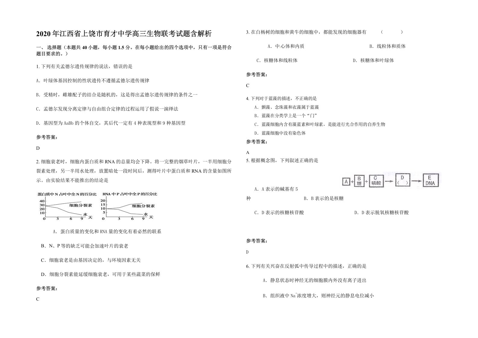 2020年江西省上饶市育才中学高三生物联考试题含解析