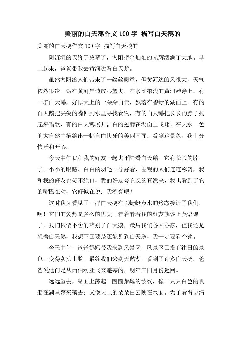 美丽的白天鹅作文100字