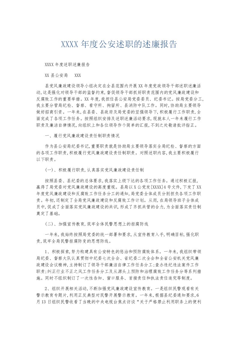 总结报告某某某X年度公安述职的述廉报告