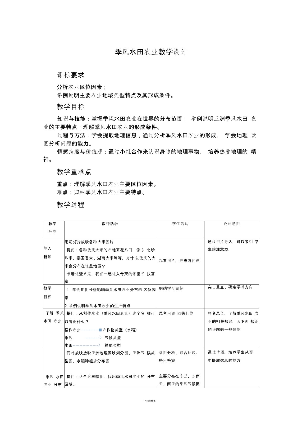 季风水田农业教学设计