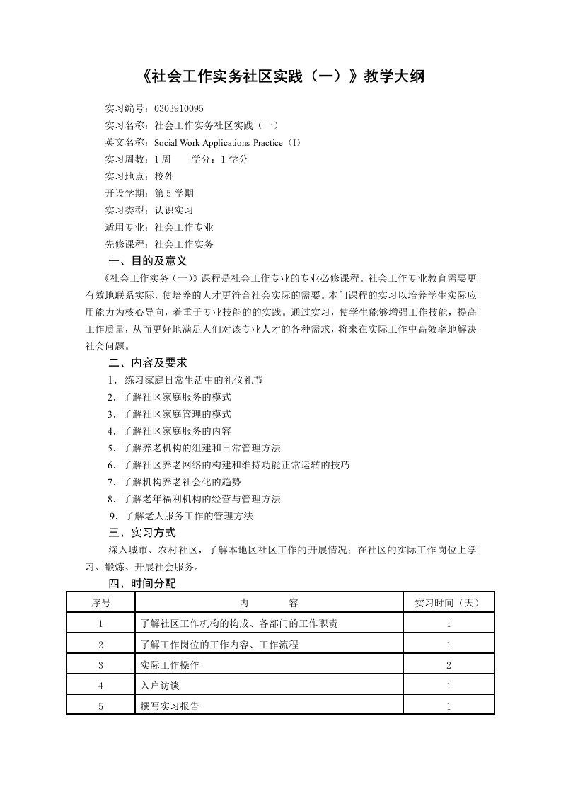 《社会工作实务社区实践（一）》教学大纲