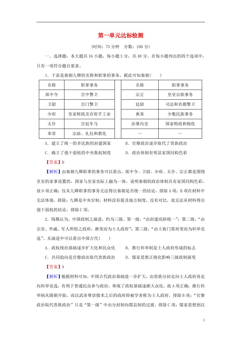 2022秋新教材高中历史第一单元政治制度单元达标检测部编版选择性必修1