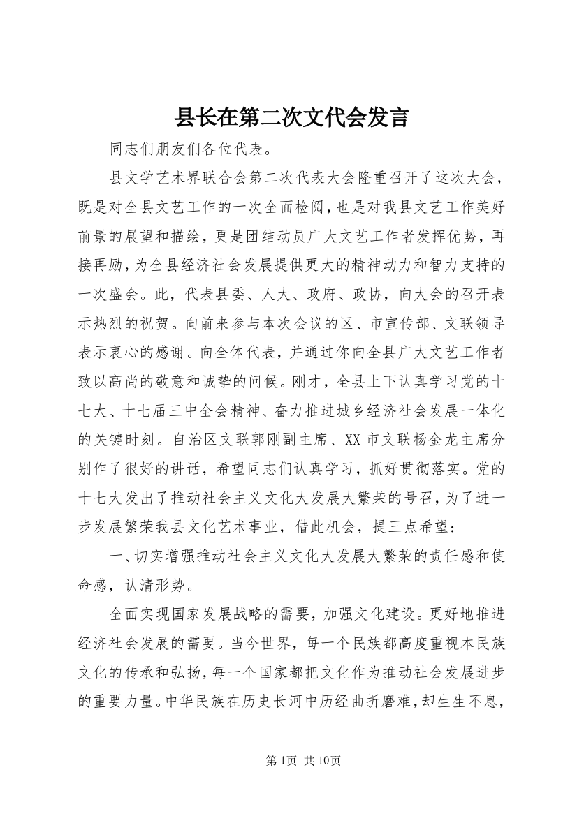 县长在第二次文代会发言