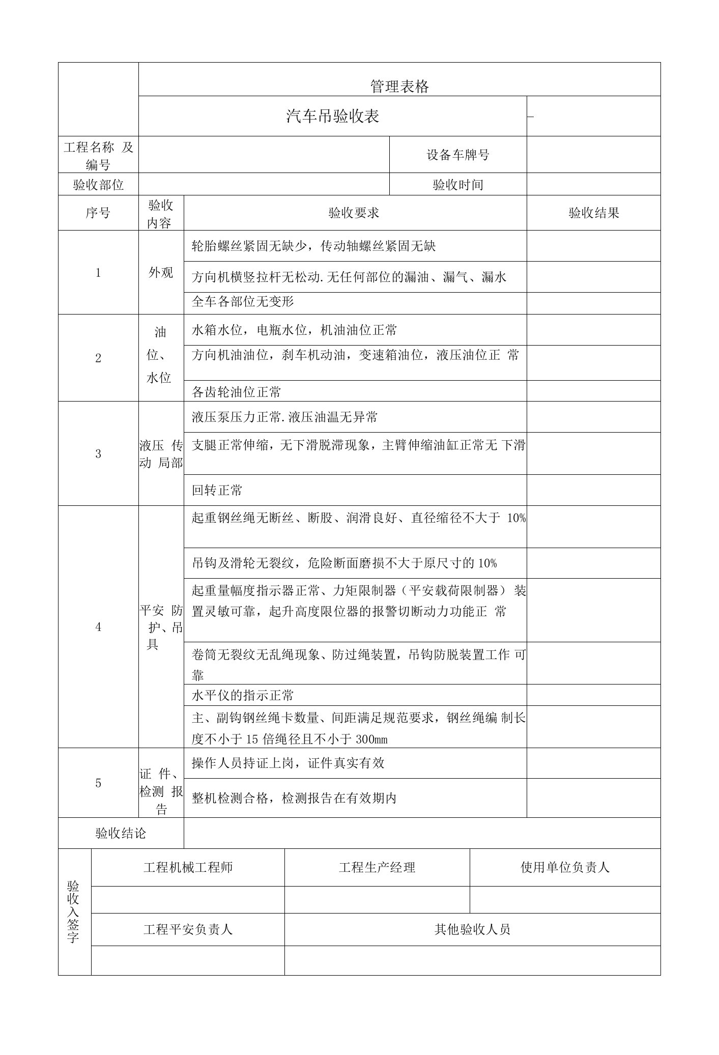 汽车吊验收表