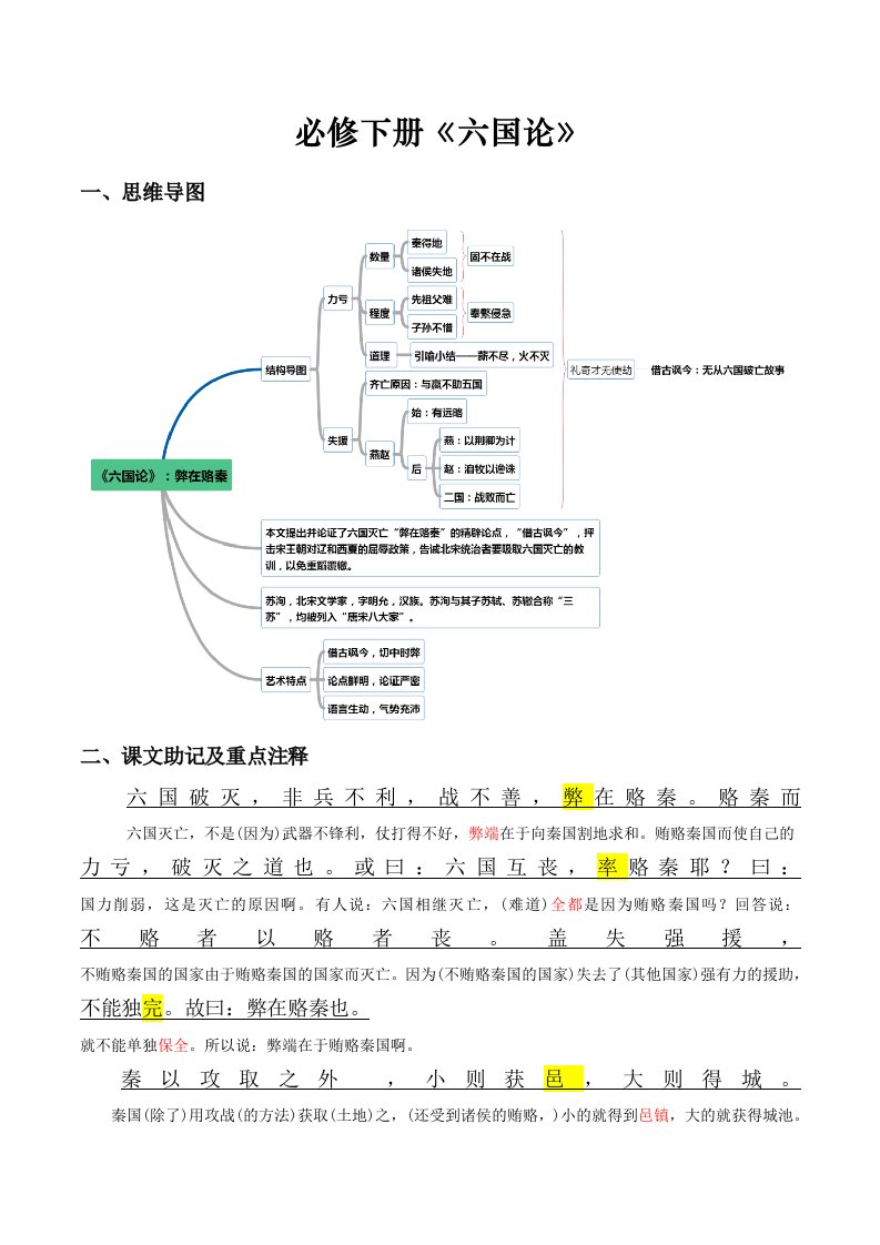 《六国论》原文呈现+思维导图+挖空训练+句式+情景默写+素材运用（教师版）-新高考新教材课内必备文言文全面复习与素材运用（统编版）