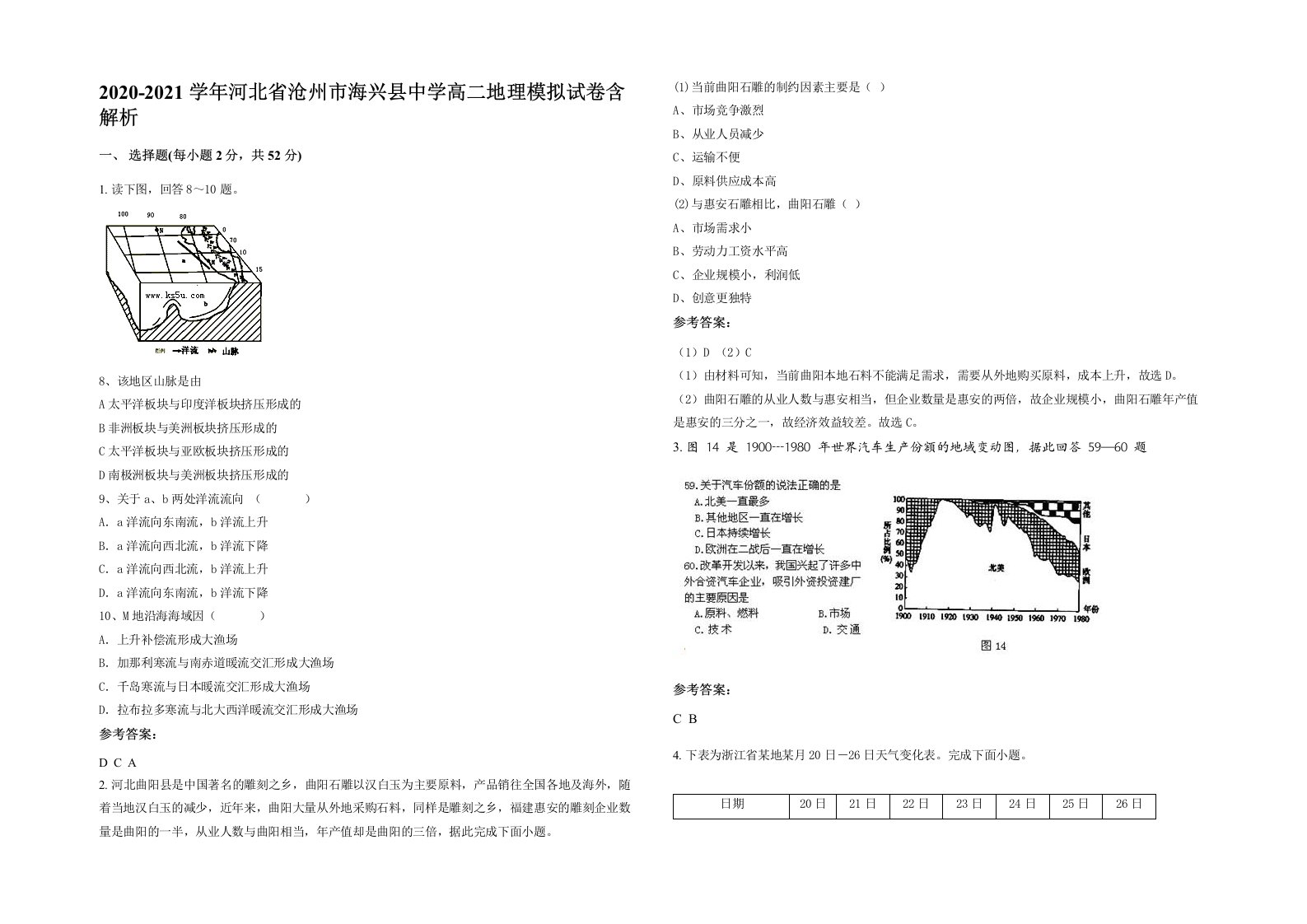 2020-2021学年河北省沧州市海兴县中学高二地理模拟试卷含解析