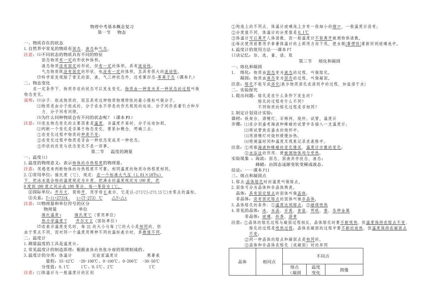 物理中考基本概念复习