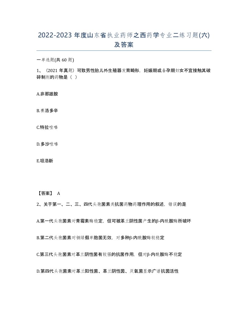 2022-2023年度山东省执业药师之西药学专业二练习题六及答案