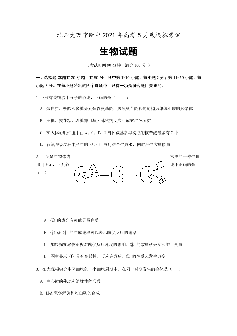 海南省北师大万宁附属中学2021届高三下学期5月底模拟考试生物试题