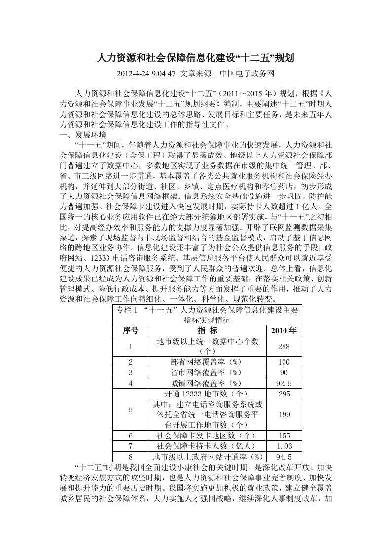 人力资源和社会保障信息化建设十二五规划