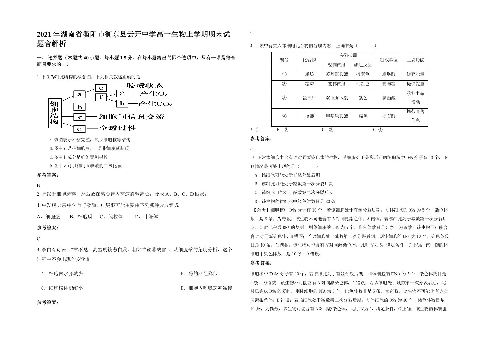 2021年湖南省衡阳市衡东县云开中学高一生物上学期期末试题含解析