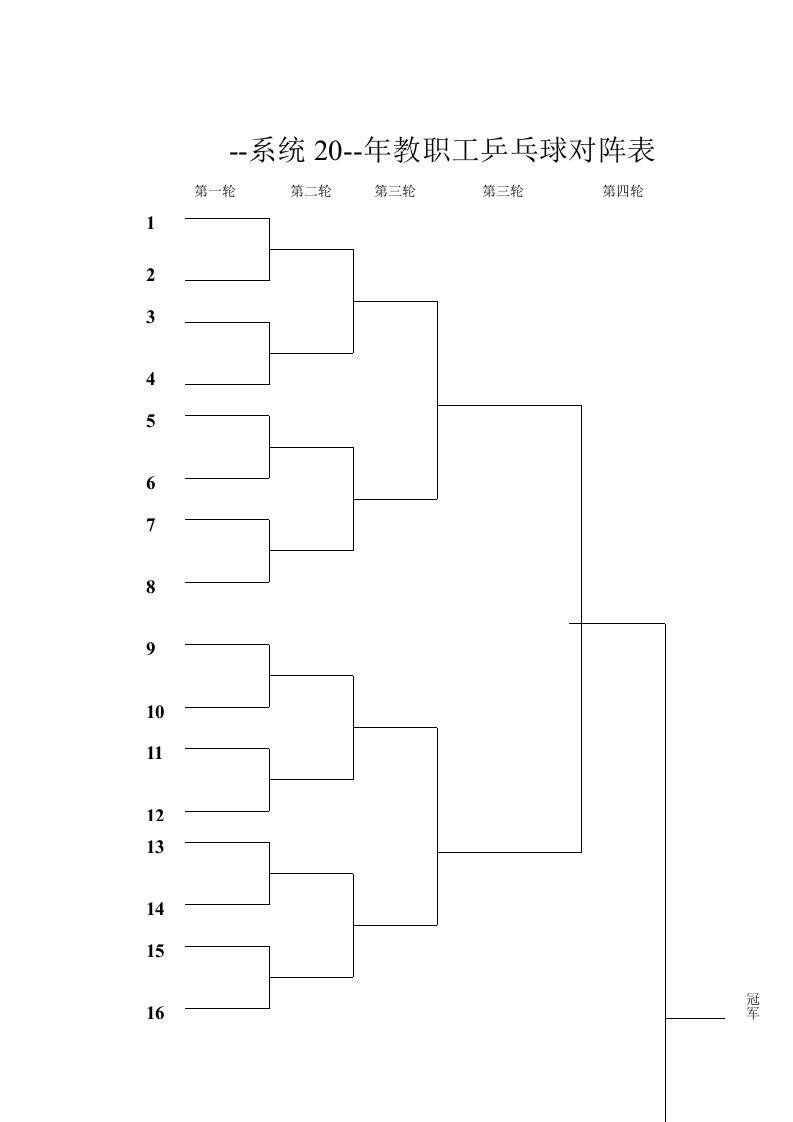 单淘汰乒乓球对阵表
