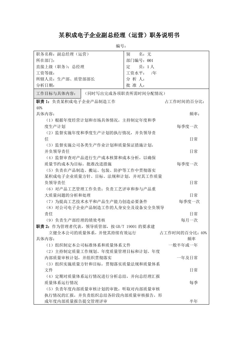 某积成电子企业副总经理（运营）职务说明书