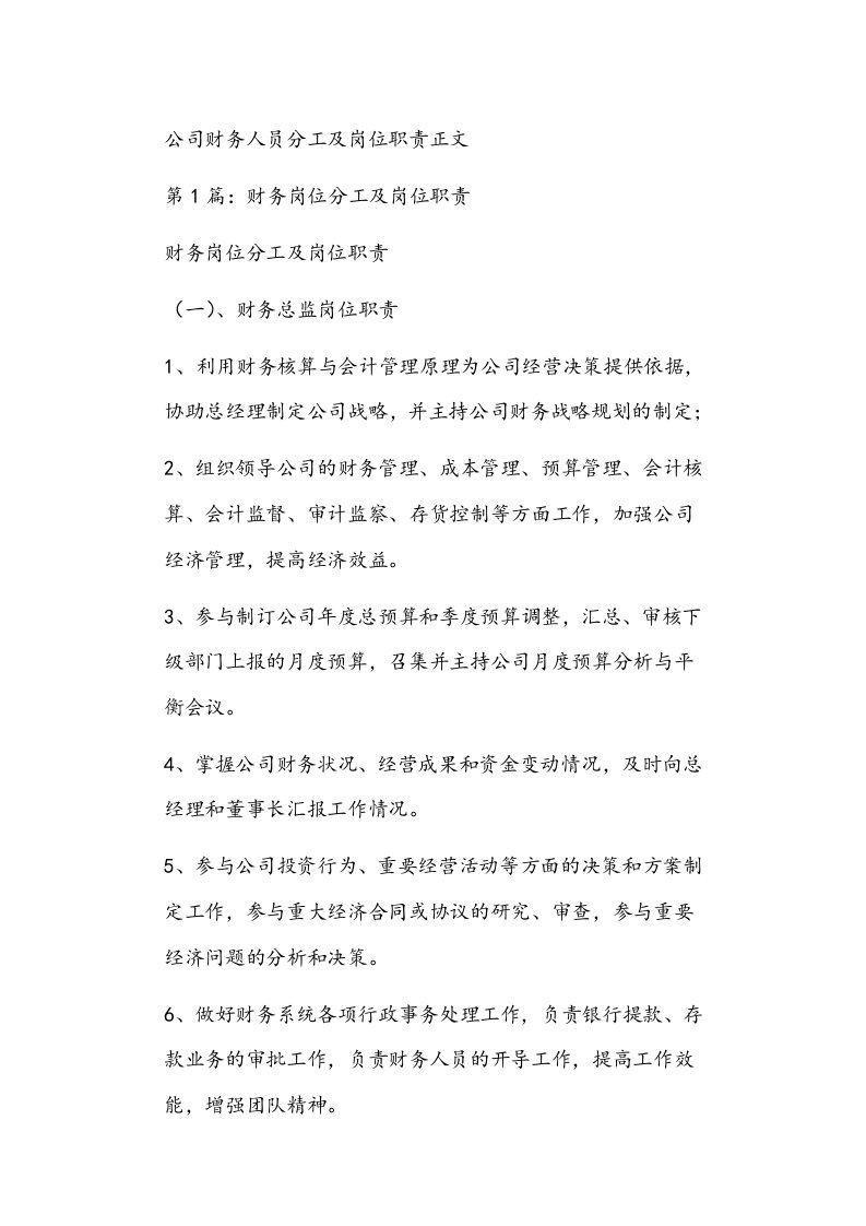 公司财务人员分工及岗位职责正文