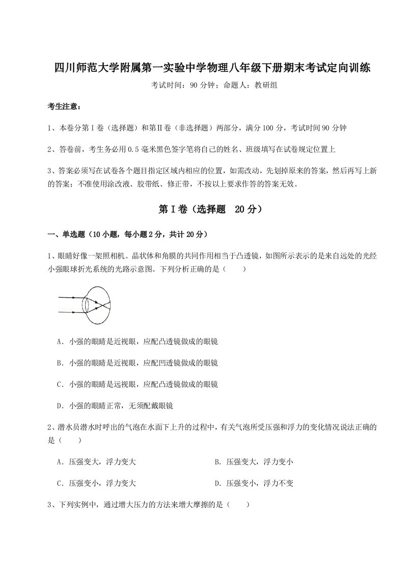 专题对点练习四川师范大学附属第一实验中学物理八年级下册期末考试定向训练试题（详解版）