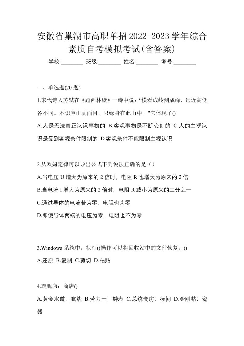 安徽省巢湖市高职单招2022-2023学年综合素质自考模拟考试含答案