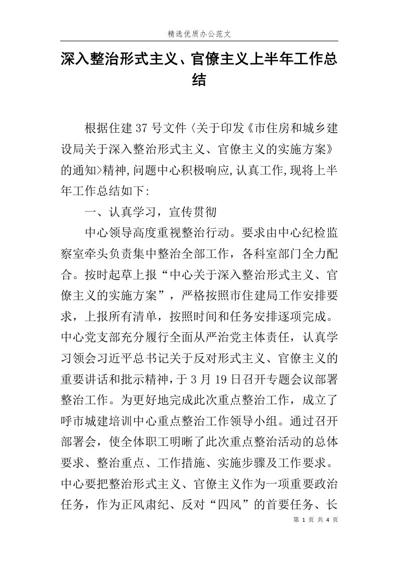 深入整治形式主义、官僚主义上半年工作总结范文