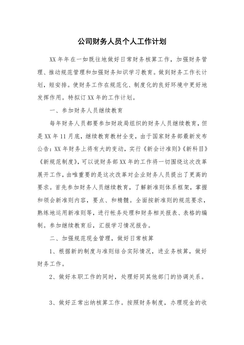 公司财务人员个人工作计划