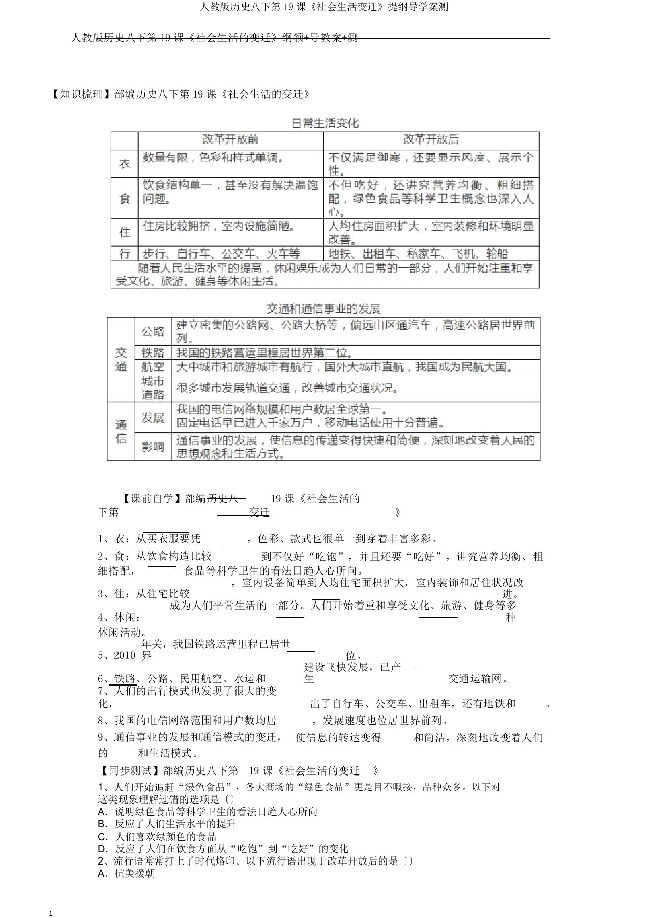 人教版历史八下第19课《社会生活变迁》提纲导学案测