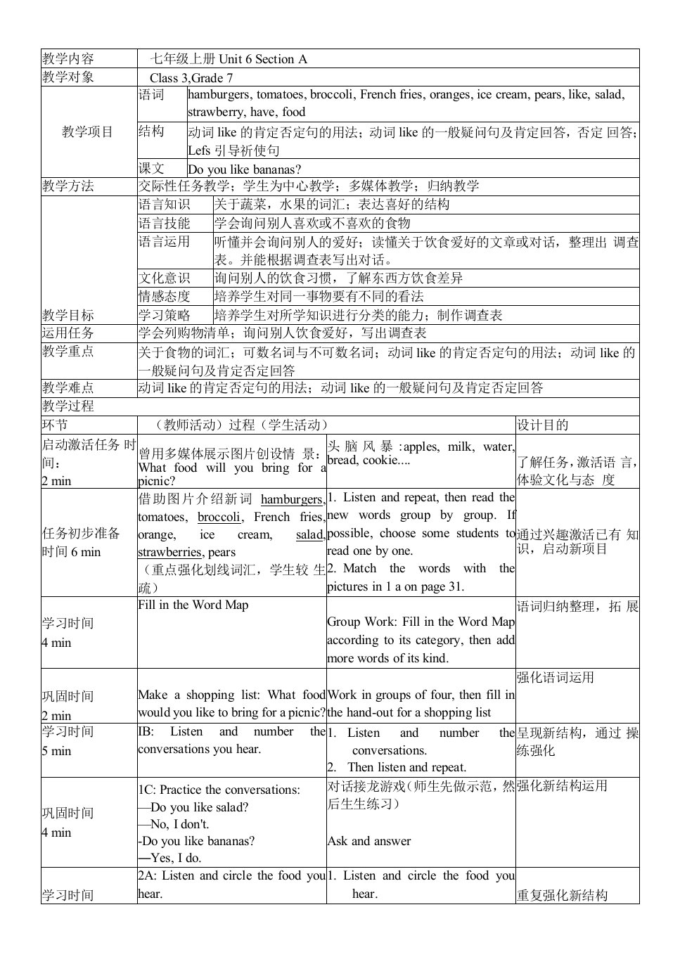 七年级上册Unit6Doyoulikebananas七年级英语上册Unit6教案