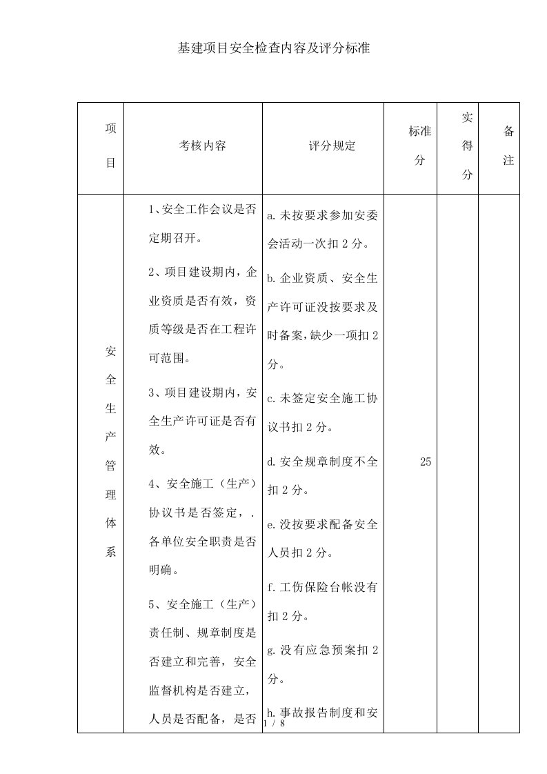 基建项目安全检查内容及评分标准